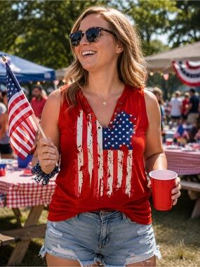 Red Sleeveless V-Neck American Flag Tank Top